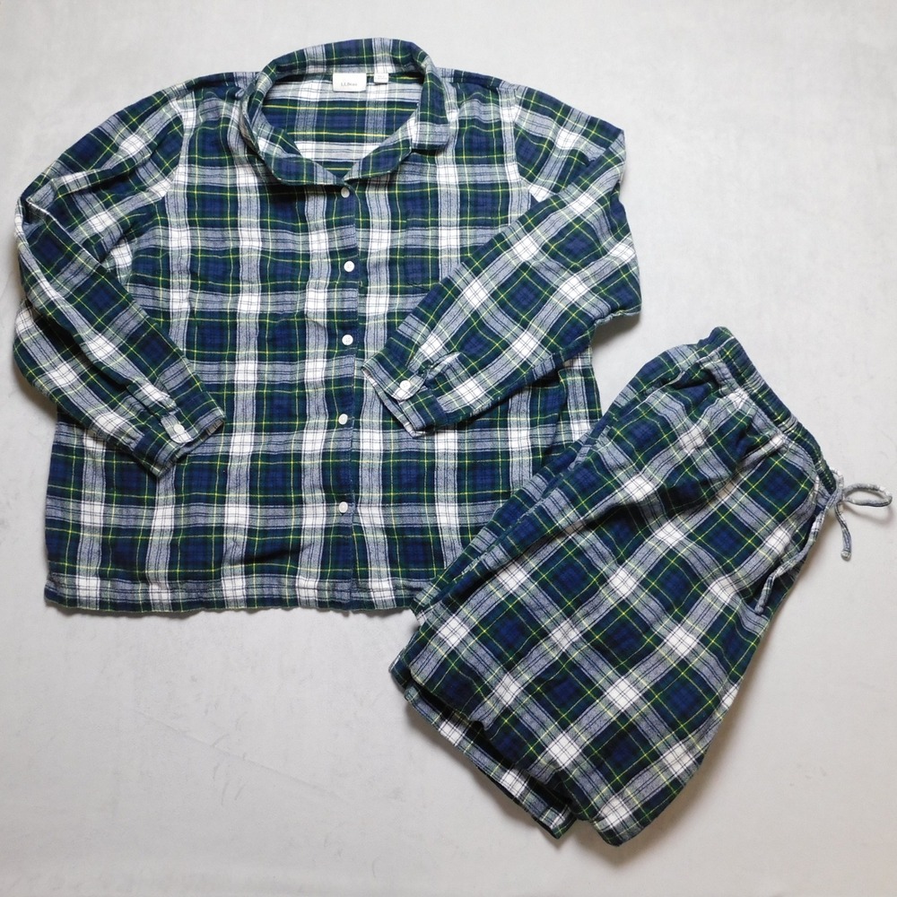 LL Bean Womens Flannel Pajama Set Blue Green White Plaid Button Top Pants 2XL
